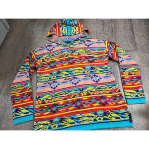 Bua/Bua Aztec Southwestern Bright Colored Thin Hooded Sweater Pullover Medium